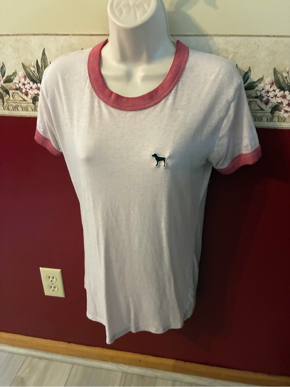 PINK Victoria's Secret White Ringer Tee with Pink Trim and Dog Logo